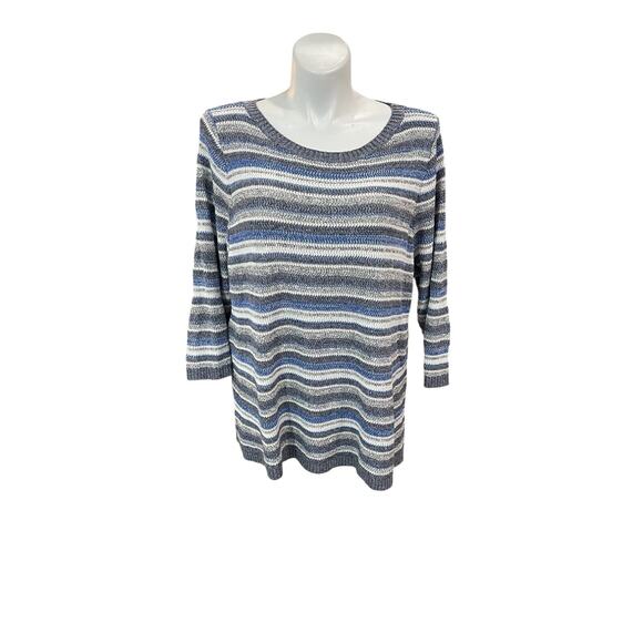Talbots Womens Sweater 3X Plus Gray Oatmeal Blue Striped Knit 3/4 Sleeve EUC - Picture 1 of 6
